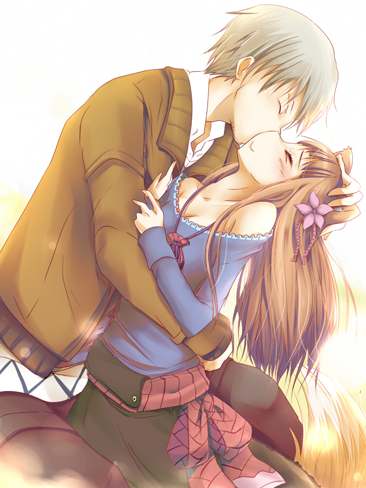 1girl, animal_ears, bare_shoulders, brown_hair, closed_eyes, couple, craft_lawrence, eyes_closed, flower, hair_flower, hair_ornament, holo, horo, kiss, long_hair, natsu_(anta_tte_hitoha), pouch, short_hair, silver_hair, spice_and_wolf, tail, wolf_ears, wolf_tail
