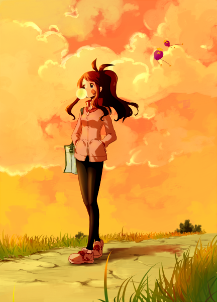 1girl, alternate_costume, bad_id, bag, bandaid, brown_hair, bubble_blowing, bubblegum