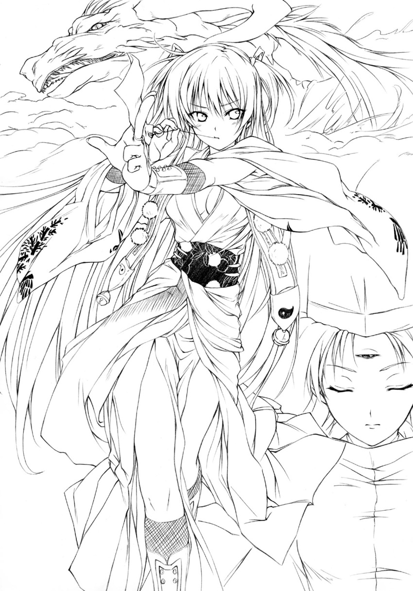 cleavage, copyright_request, dragon, highres, monochrome, third_eye, you_yude