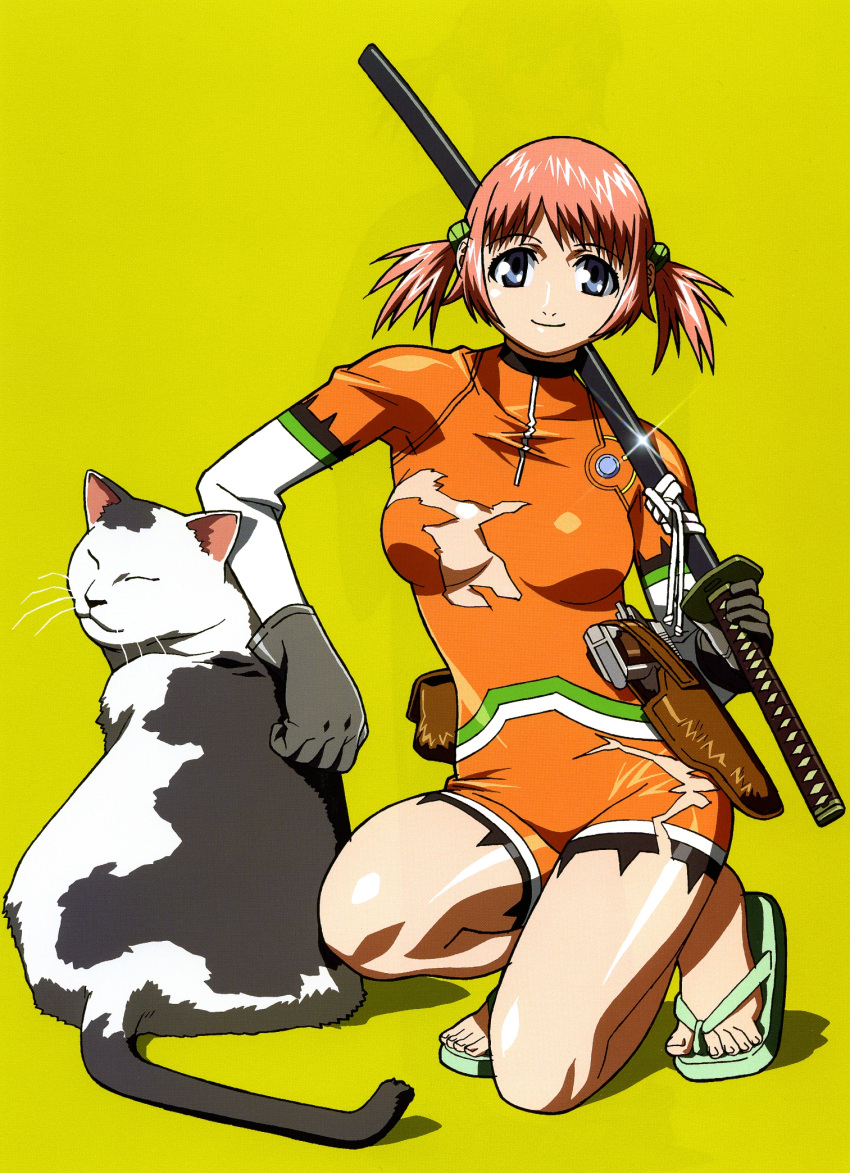 blue_eyes, bodysuit, breasts, cat, closed_eyes, eyes_closed, gloves, gun