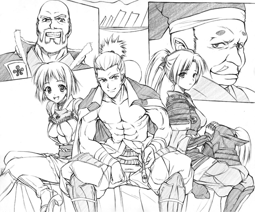 3boys, armor, beard, boots, breasts, cleavage, facial_hair, facial_mark
