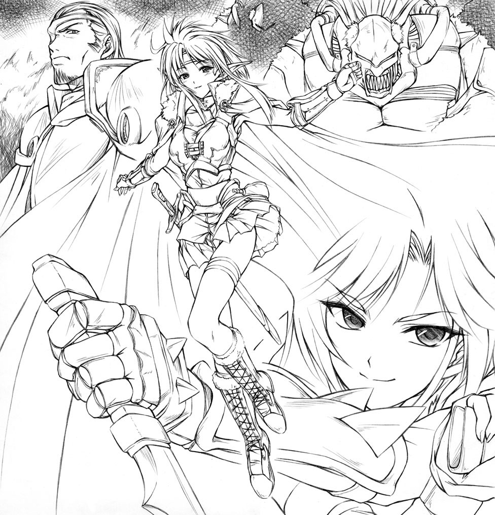 monochrome, pointy_ears, smile, sword, weapon, you_yude