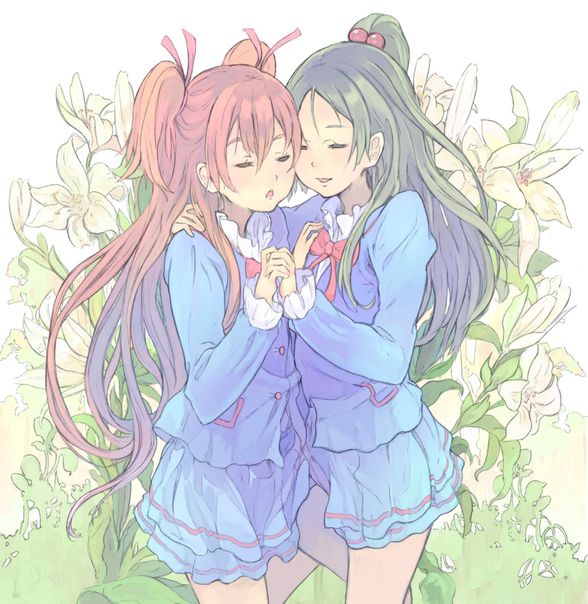 :o, bad_id, bow, brown_hair, closed_eyes, eyes_closed, flower, hair_bobbles