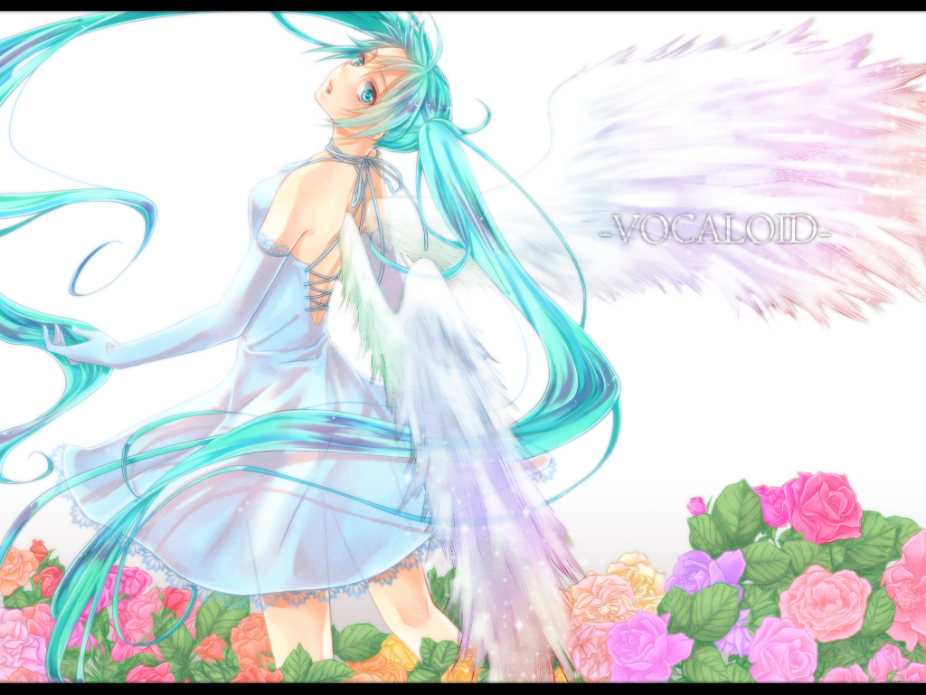 aqua_eyes, aqua_hair, dress, elbow_gloves, flower, gloves, hatsune_miku, letterboxed