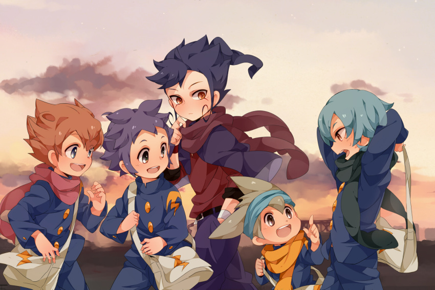 bag, blue_eyes, blue_hair, brown_hair, gakuran, green_hair, inazuma_eleven, inazuma_eleven_(series)