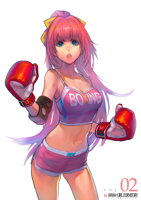 blue_eyes, bow, boxing_gloves, boxing_shorts, breasts, crop_top, face, gradient_hair