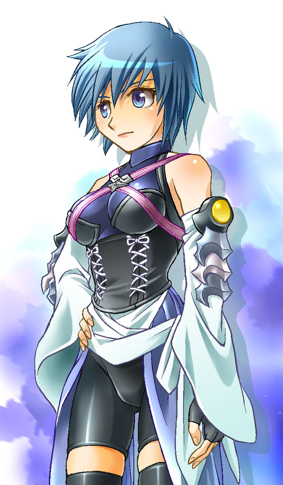 aqua_(kingdom_hearts), bare_shoulders, black_legwear, blue_eyes, blue_hair, detached_sleeves, fingerless_gloves, gloves