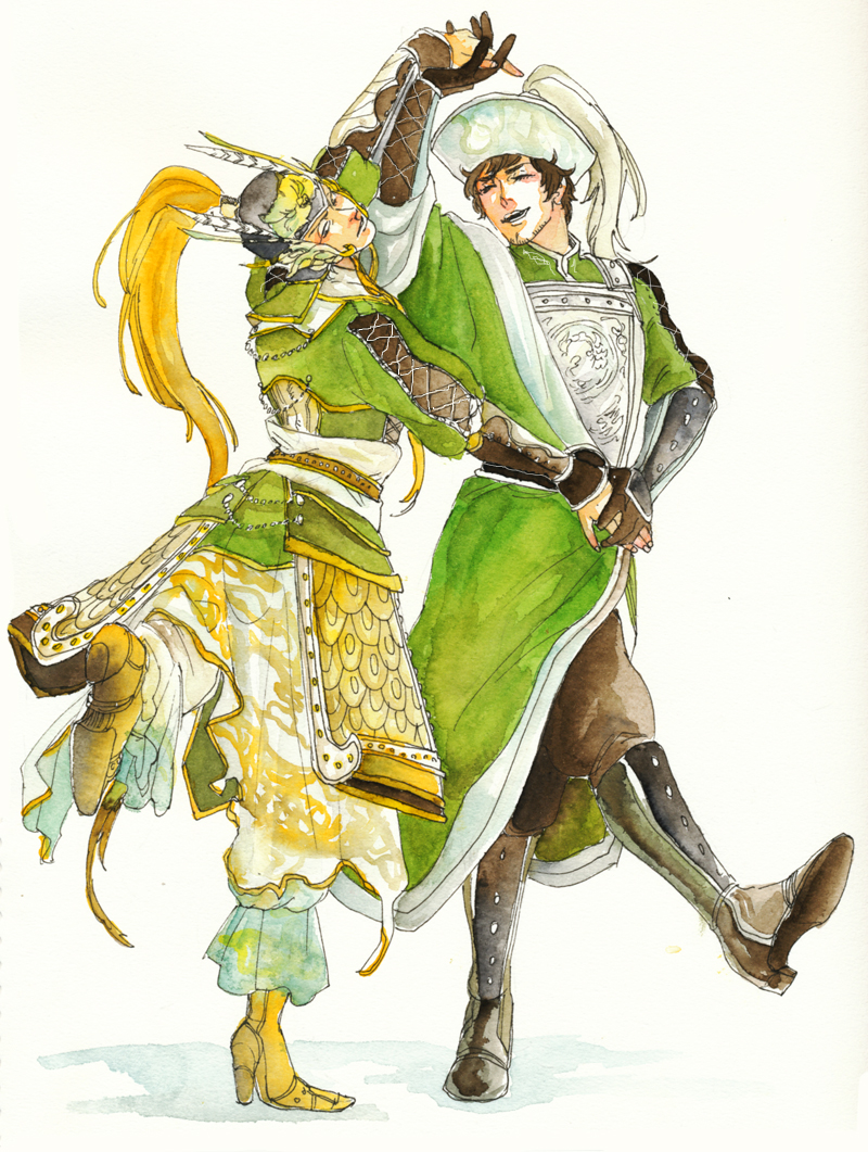 2boys, blush, brown_hair, closed_eyes, curly_hair, dancing, destoria, eyes_closed