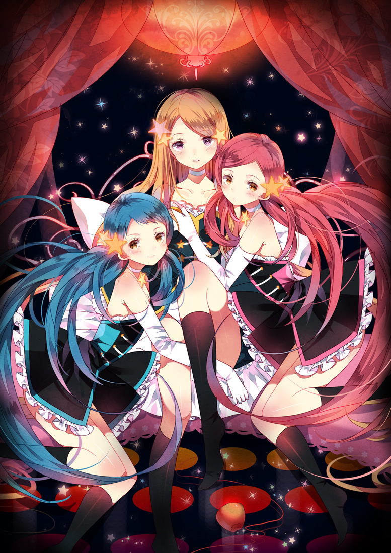apple, bare_shoulders, black_legwear, blue_hair, brown_hair, character_request, choker, curtains