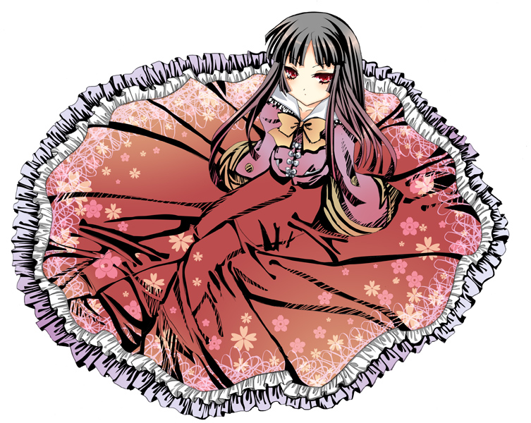 1girl, bow, frills, hime_cut, houraisan_kaguya, long_hair, long_skirt, red_eyes