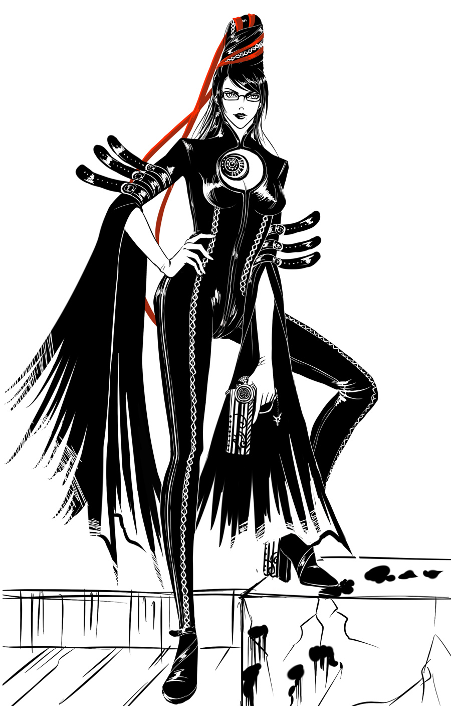 bayonetta_(character), boyou_yuzhi, breasts, cleavage, cleavage_cutout, glasses, gun, hand_on_hip, high_heels, highres, hips, legs, lips, long_hair, long_legs, mole, monochrome, ribbon, shoes, sketch, spot_color, weapon