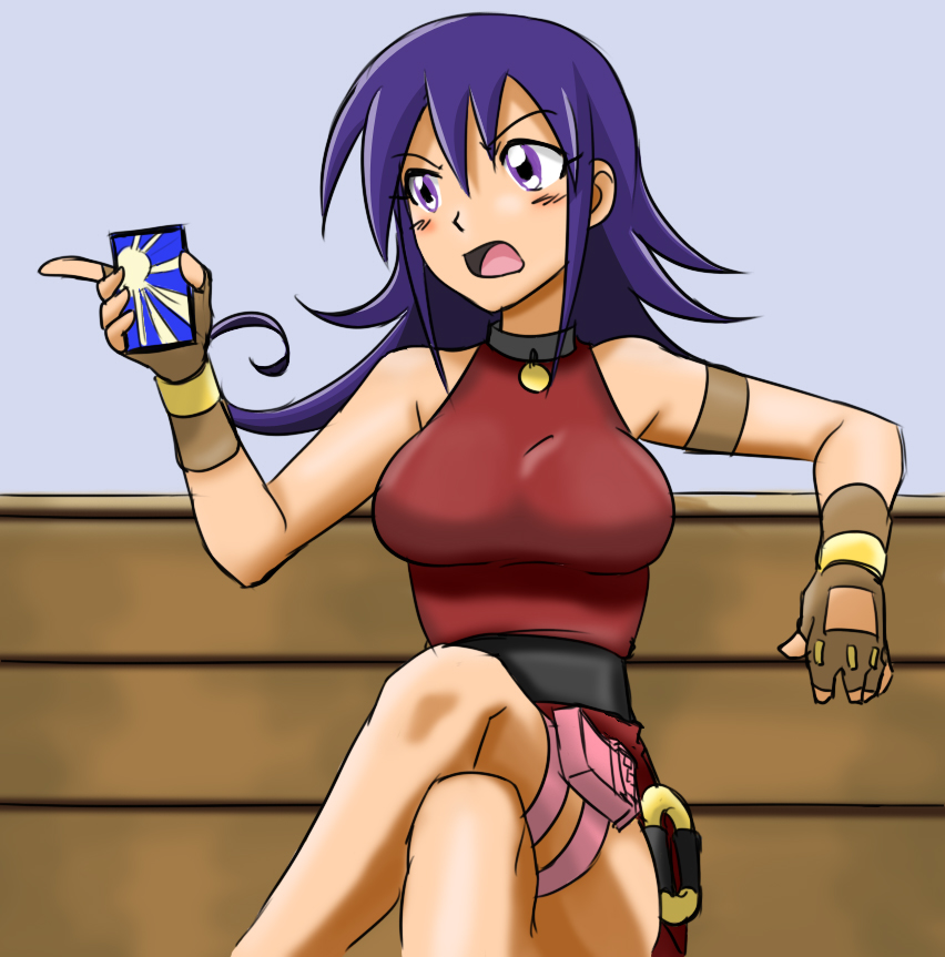 1girl, bare_shoulders, bench, blue_hair, breasts, choker, crossed_legs, drawfag