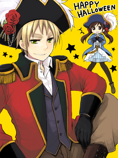 1girl, alternate_costume, ankle_boots, axis_powers_hetalia, bangs, belt, bicorne, black_legwear