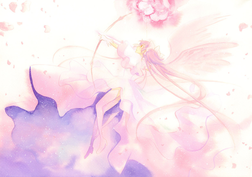 boots, bow, bow_(weapon), dress, gif365, gloves, goddess_madoka, hair_bow, high_heels, kaname_madoka, long_hair, magical_girl, mahou_shoujo_madoka_magica, pink_hair, profile, shoes, solo, spoilers, thigh-highs, thigh_boots, thighhighs, twintails, ultimate_madoka, weapon, wings, yellow_eyes