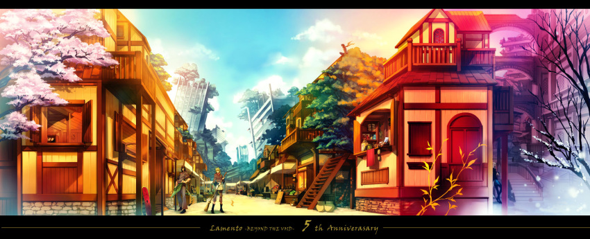 animal_ears, broom, building, character_request, cherry_blossoms, city, highres, jar, lamento, market, multiple_boys, pots, ruins, scenery, seasons, shutters, snow, stairs, street, sweeping, tail, trees, yamatsuki_sou