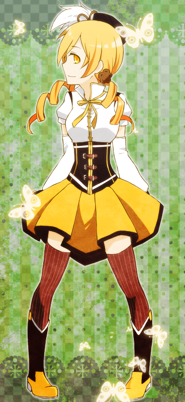 bad_id, beret, blonde_hair, boots, butterfly, corset, detached_sleeves, drill_hair