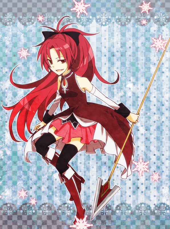 bad_id, bare_shoulders, black_legwear, boots, bow, hair_bow, hxjunky, long_hair, magical_girl, mahou_shoujo_madoka_magica, polearm, ponytail, red_eyes, red_hair, redhead, sakura_kyouko, solo, spear, thighhighs, weapon