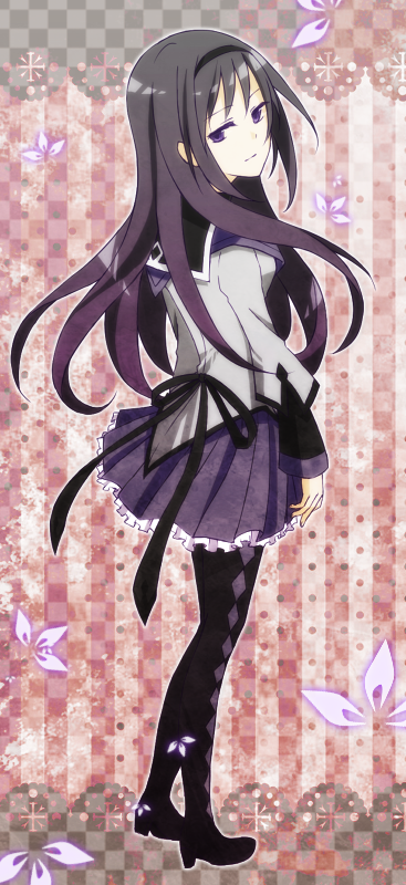 akemi_homura, argyle, argyle_legwear, bad_id, black_hair, black_legwear, full_body, hairband, high_heels, hxjunky, long_hair, magical_girl, mahou_shoujo_madoka_magica, pantyhose, pleated_skirt, purple_eyes, shoes, skirt, solo, violet_eyes