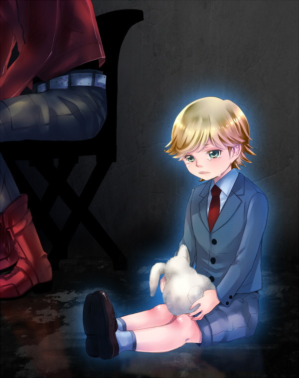 bad_anatomy, barnaby_brooks_jr, blonde_hair, boots, bunny, child, dual_persona, glowing, green_eyes, jacket, kurorofoo78, multiple_boys, necktie, rabbit, red_jacket, ruu_(kurorofoo78), short_hair, shorts, tiger_&amp;_bunny, time_paradox, young