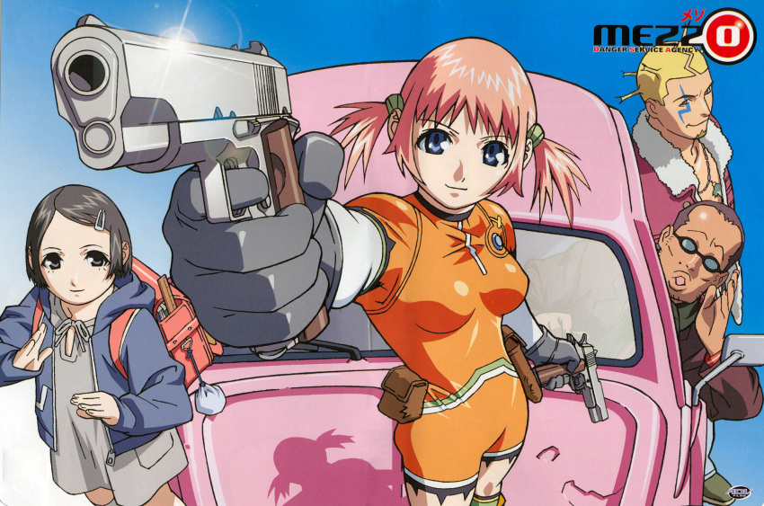 asami_igarashi, backpack, bag, black_hair, blonde_hair, blue_eyes, bodysuit, breasts, car, dual_wielding, foreshortening, glasses, gloves, gun, hair_ornament, hairclip, handgun, harada_tomohisa, highres, jacket, jewelry, kurokawa_ken'ichi, kurokawa_kenichi, latex, looking_at_viewer, m1911, mezzo_danger_service_agency, motor_vehicle, multiple_girls, necklace, official_art, pink_hair, pistol, punk, purple_eyes, randoseru, shiny, shiny_clothes, shiny_skin, short_hair, skin_tight, smile, suzuki_mikura, tattoo, text, twintails, umetsu_yasuomi, vehicle, violet_eyes, volkswagen, volkswagen_beetle, weapon