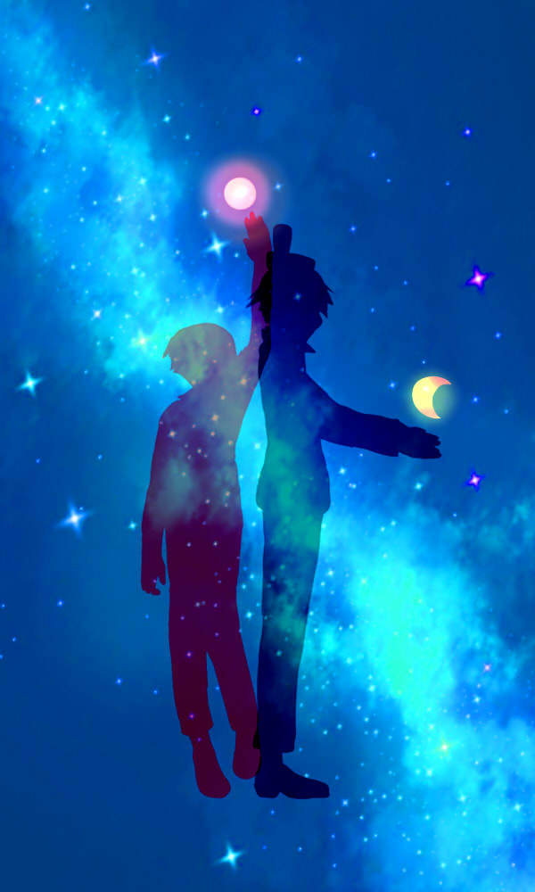 2boys, crescent, gag_manga_biyori, hoshikuzu_stella, milky_way, moon, multiple_boys, night