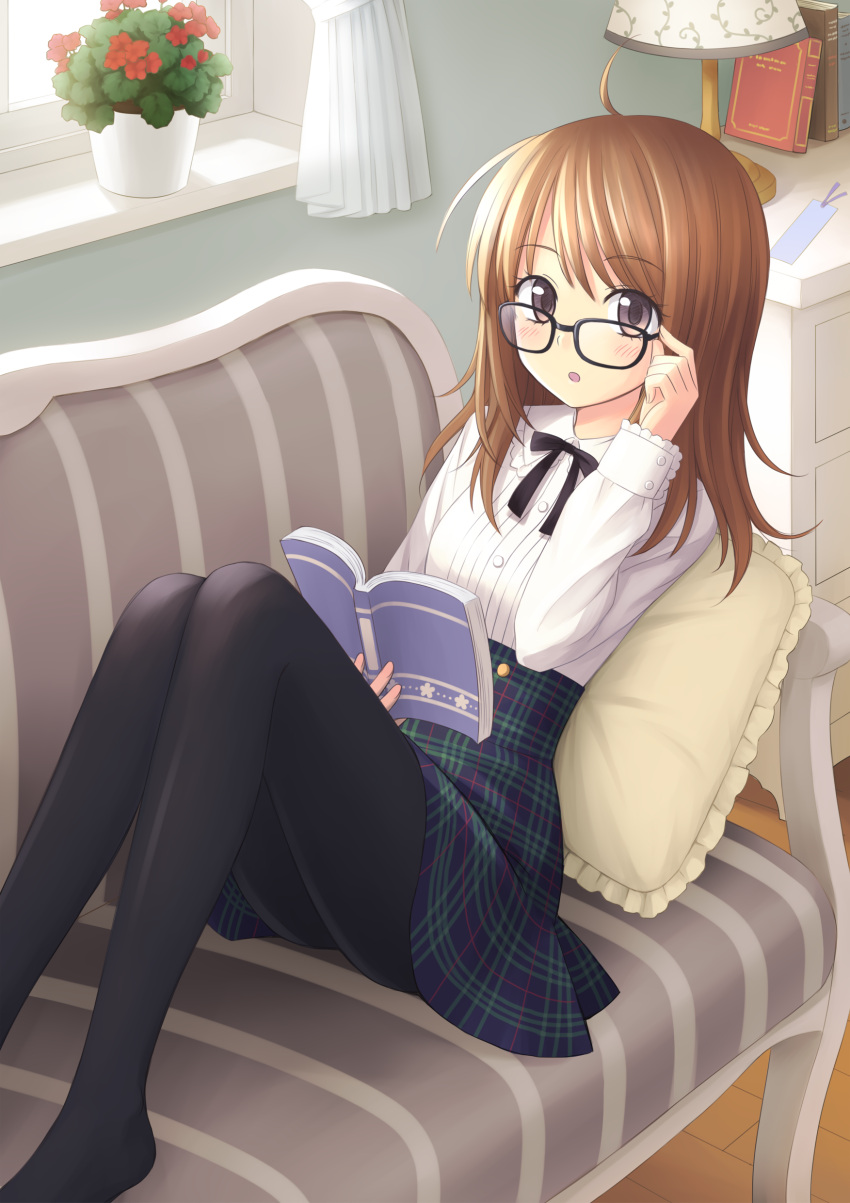 :o, absurdres, adjusting_glasses, ahoge, blush, book, bookmark, brown_eyes