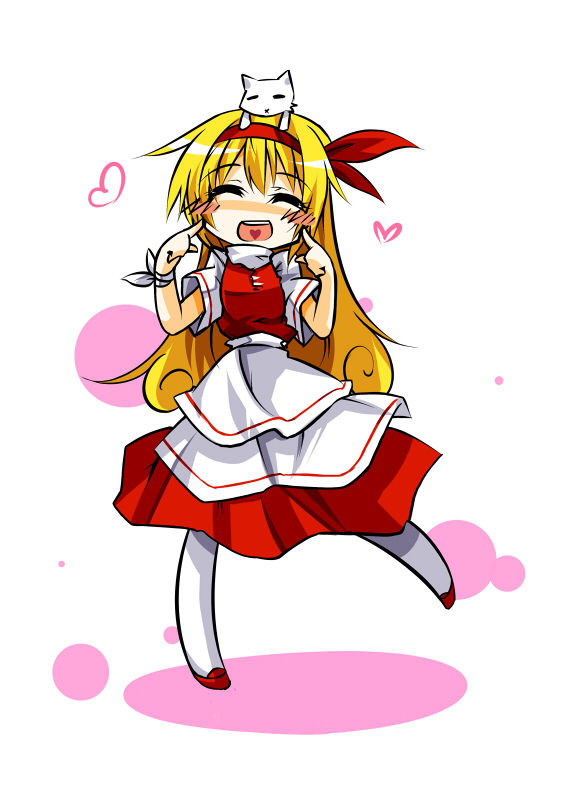 animal_on_head, blonde_hair, bow, cat, cat_on_head, circle, closed_eyes, dress