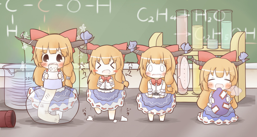 >_<, 4girls, barefoot, beaker, belt, blush, bow, chalkboard