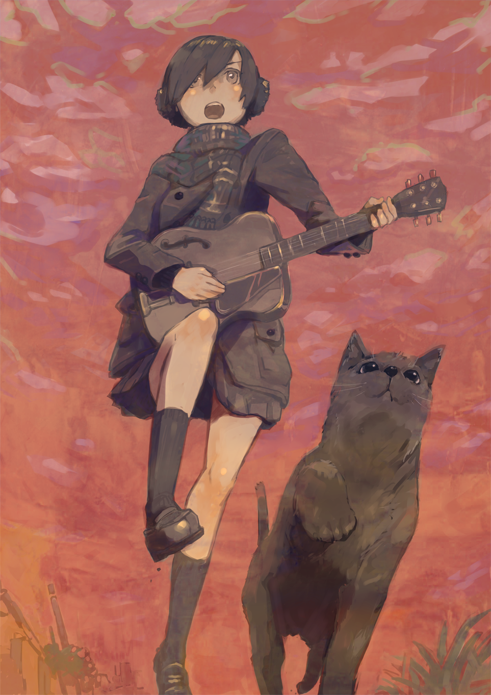 acoustic_guitar, blush, cat, dog, guitar, hair_over_one_eye, headphones, highres