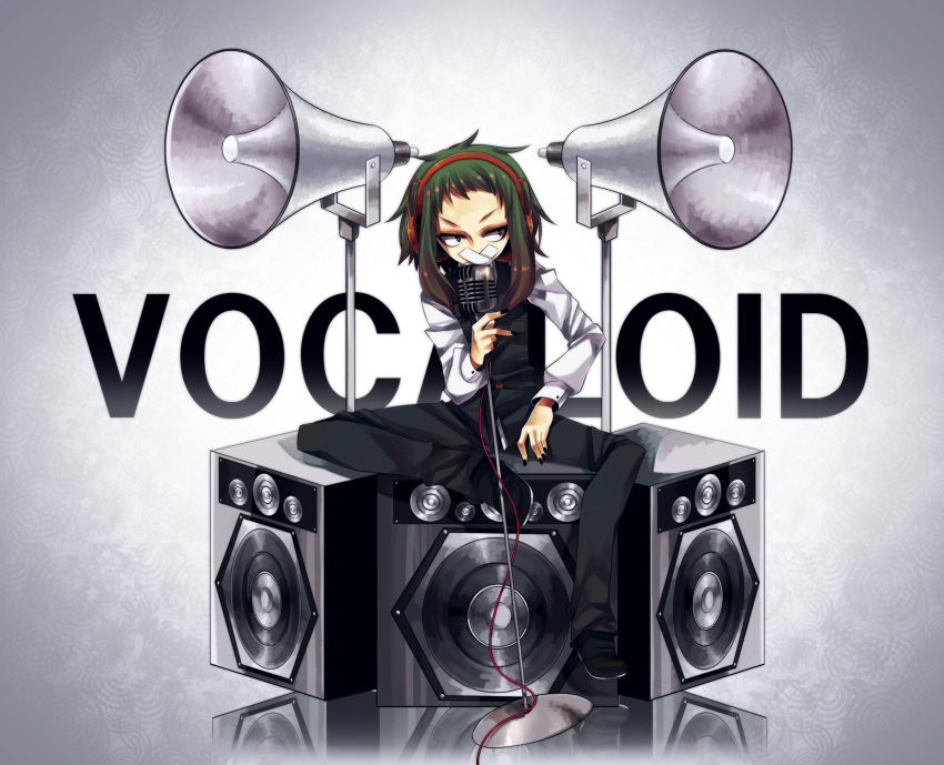 :x, absurdres, annoyed, black_eyes, cable, cord, green_hair, gumi