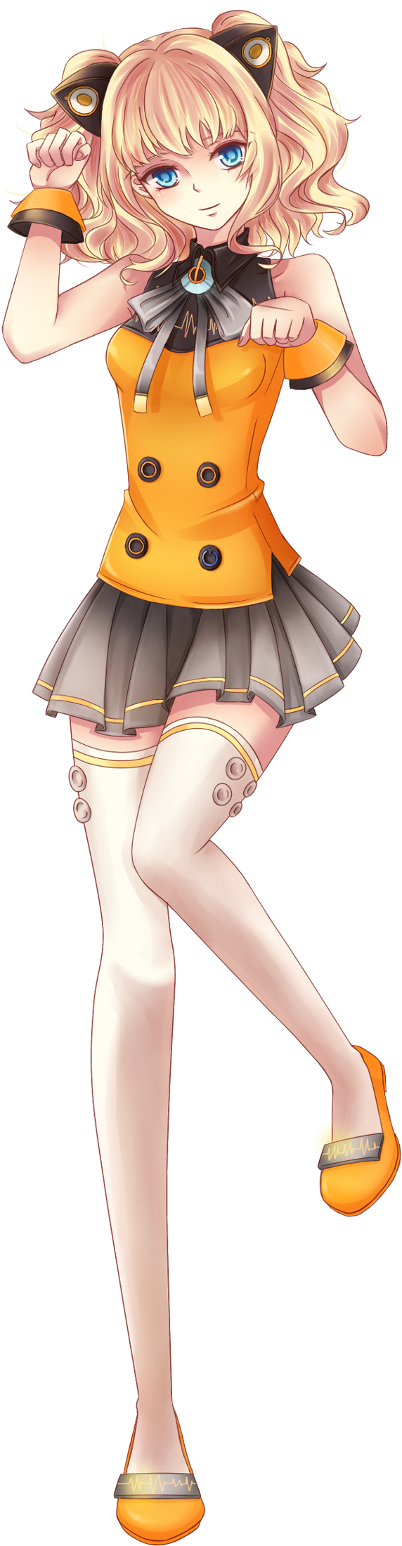 1girl, animal_ears, bad_id, blonde_hair, blue_eyes, bow, fkfkfkfkrhdm, highres, seeu, short_hair, skirt, smile, solo, thigh-highs, thighhighs, transparent_background, vocaloid, white_legwear, zettai_ryouiki