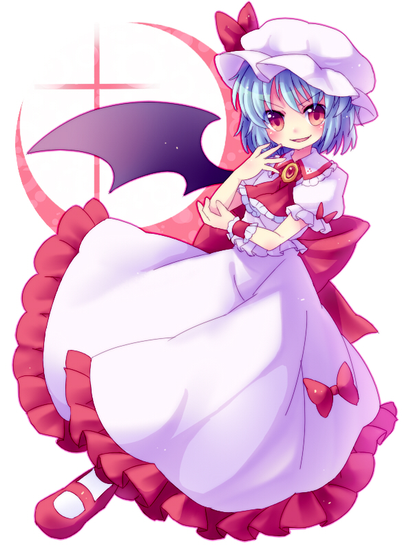 ascot, bat_wings, blue_hair, bow, hand_on_own_face, hand_to_face, hat, hat_ribbon