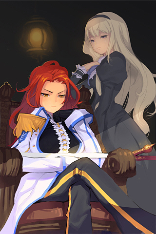 blonde_hair, breasts, brown_eyes, coat, crossed_legs, dress, epaulettes, gloves