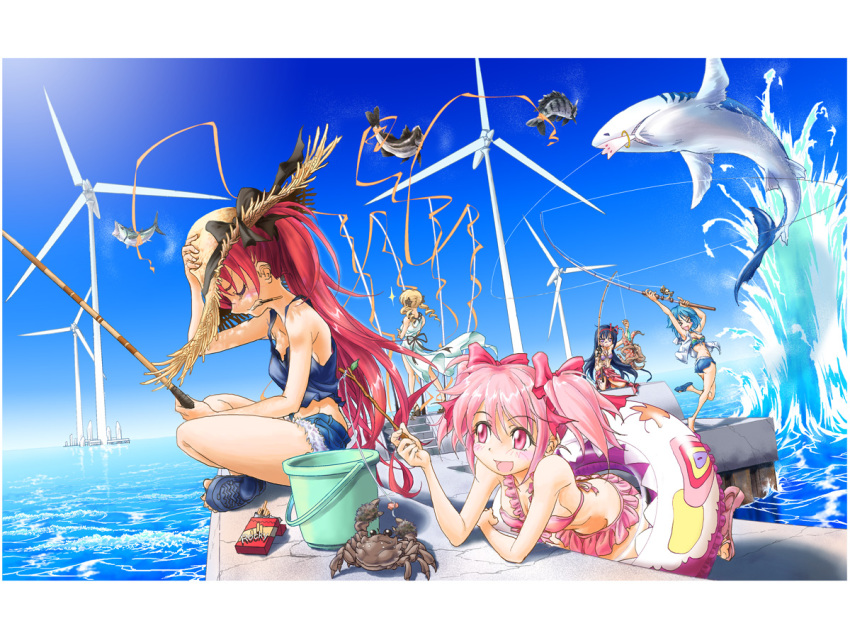 >_<, akemi_homura, alternate_costume, arms_up, bait, bikini, bikini_skirt, bikini_top
