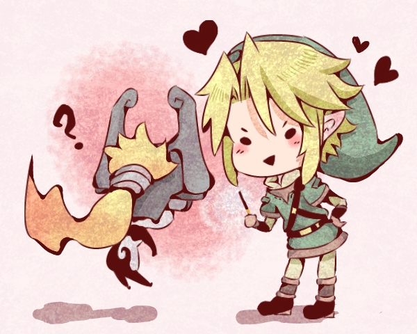 blonde_hair, gloves, hat, heart, imp, kuhaha, link, midna, nintendo, pocky, pointy_ears, smile, the_legend_of_zelda, twilight_princess