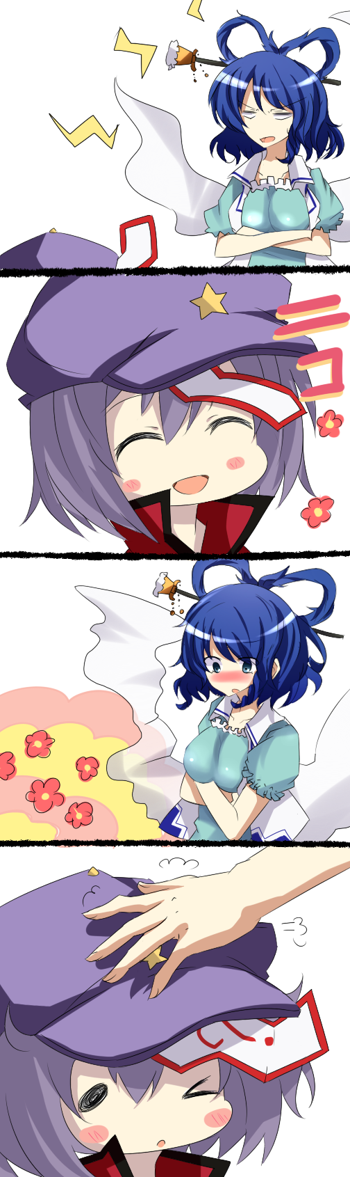 4koma, bad_id, beret, blue_eyes, blue_hair, blush, blush_stickers, comic