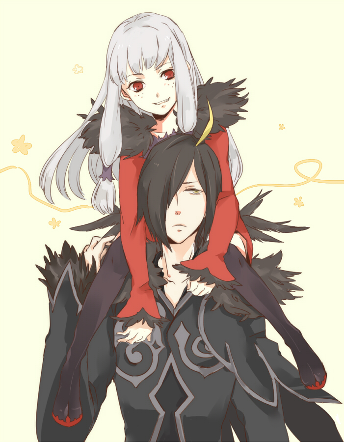 1girl, agria, ahoge, albino, black_hair, black_legwear, blonde_hair, carrying
