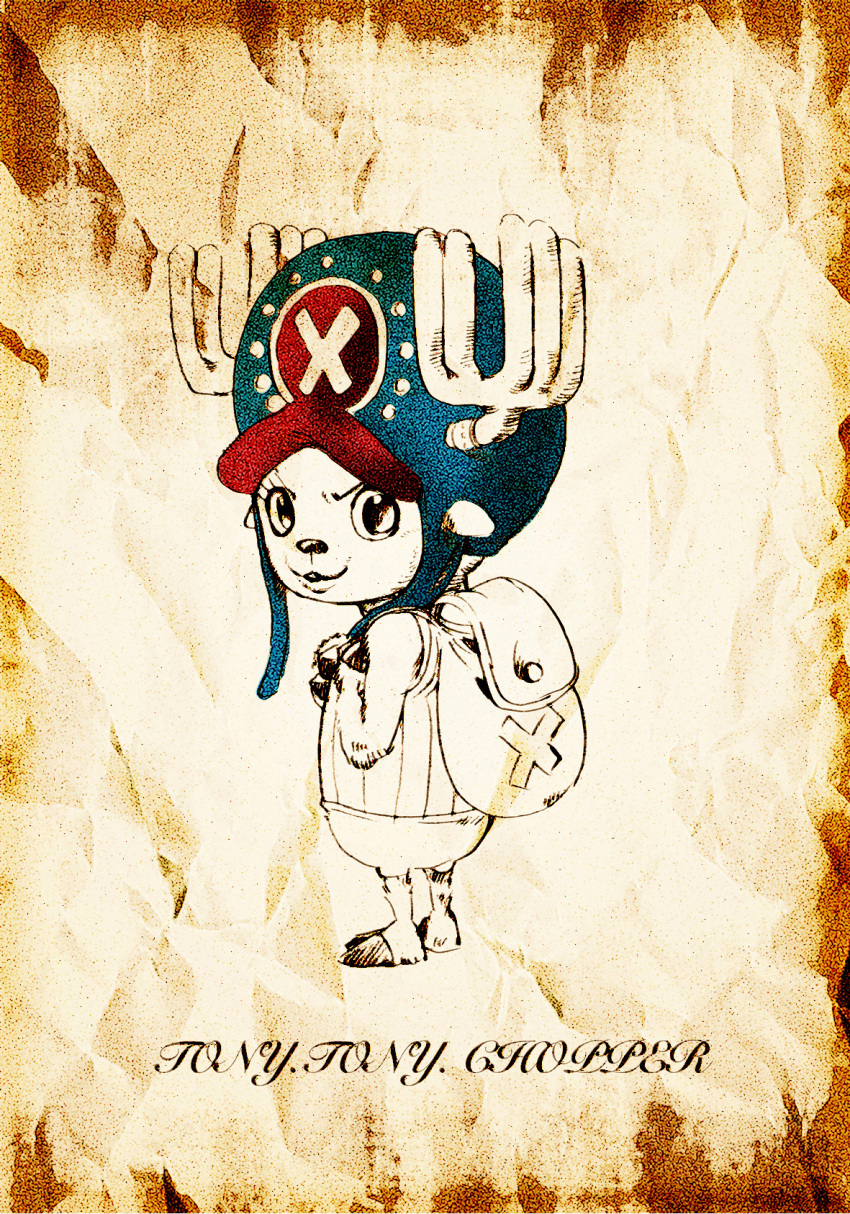 antlers, bag, character_name, faux_traditional_media, hat, highres, horns, looking_at_viewer