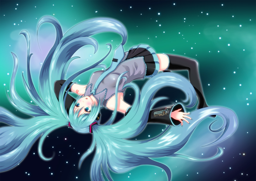aqua_eyes, aqua_hair, bad_id, bare_shoulders, blue_eyes, blue_hair, detached_sleeves, floating, hair_ribbon, hand_on_headphones, hatsune_miku, headphones, highres, long_hair, necktie, pleated_skirt, ribbon, skirt, solo, space, thigh-highs, thighhighs, twintails, very_long_hair, vocaloid, yoshinobuta