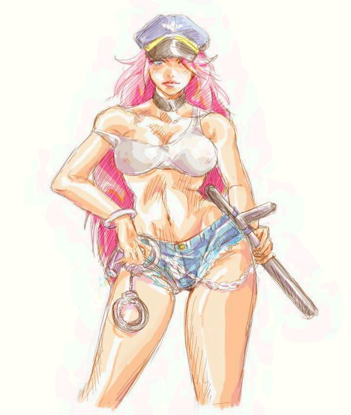 1girl, breasts, capcom, chain, chains, choker, crop_top, cuffs