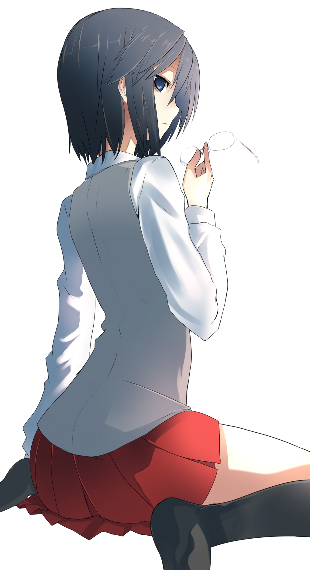 blue_eyes, footwear, frown, glasses, glasses_removed, highres, kneeling, kurenai, looking_back, murakami_ginko, pleated_skirt, school_uniform, short_hair, sitting, skirt, socks, solo, tenohir, vest, wariza