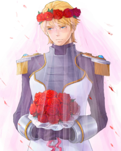 blonde_hair, blue_eyes, bouquet, bridal_veil, bride, changye, epaulettes, flower, keith_goodman, lowres, male, petals, power_suit, red_rose, red_roses, rose, short_hair, sky_high, solo, superhero, tiger_&amp;_bunny, veil