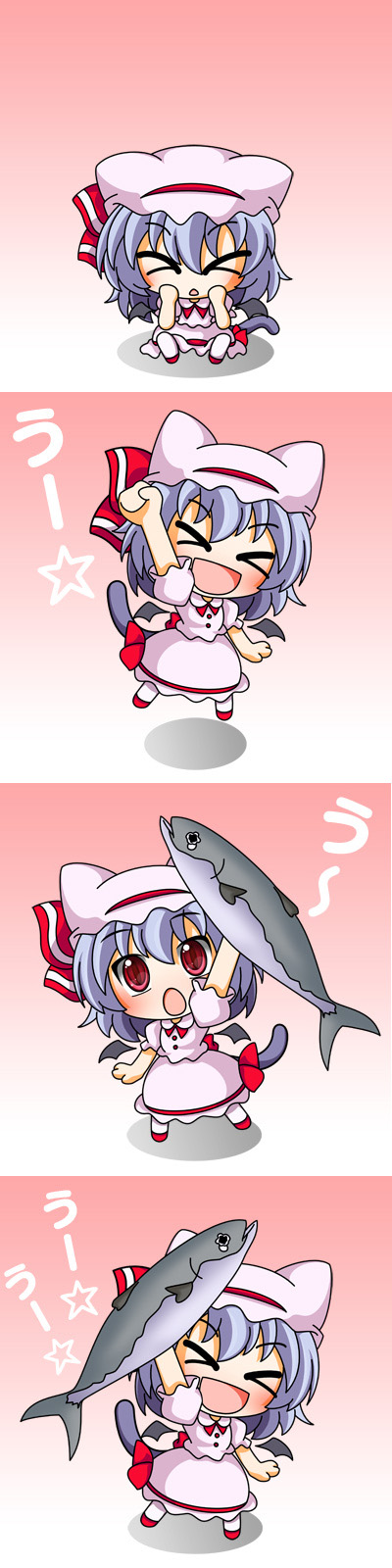 animal_ears, blue_hair, buri_hamachi, cat_ears, chibi, fish, hat, highres