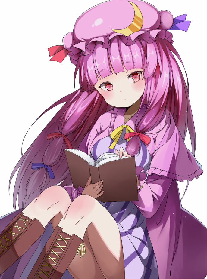 blush, book, boots, capelet, crescent, dress, gomibox2021, hair_ribbon, hat, long_hair, multicolored_dress, patchouli_knowledge, pink_dress, pink_eyes, pink_hair, reading, ribbon, sitting, solo, striped, striped_dress, touhou, upskirt