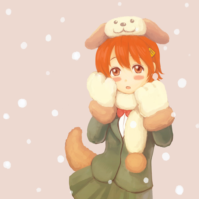 blush, c-brown, dog_tail, gloves, hair_ornament, hairclip, hat, inami_mahiru, orange_eyes, orange_hair, scarf, school_uniform, short_hair, skirt, solo, tail, working!!