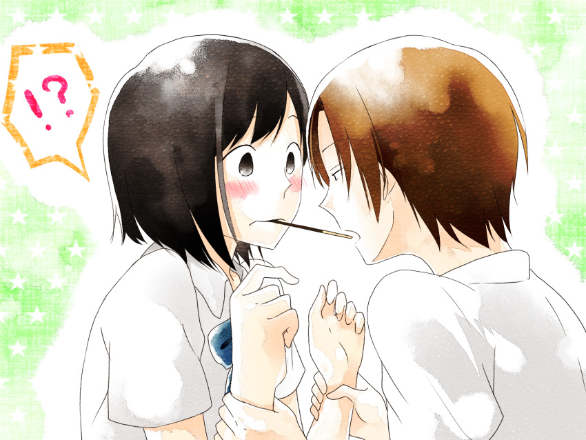 1boy, 1girl, asaba_yuuta, black_hair, blush, brown_eyes, brown_hair, highres, kimi_to_boku, pocky, sayaka_(ponkichi), short_hair, takahashi_(kimi_to_boku)
