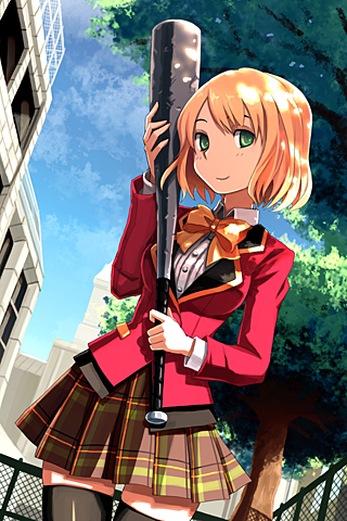 blazer, bow, dress_shirt, green_eyes, lowres, orange_hair, plaid, plaid_skirt
