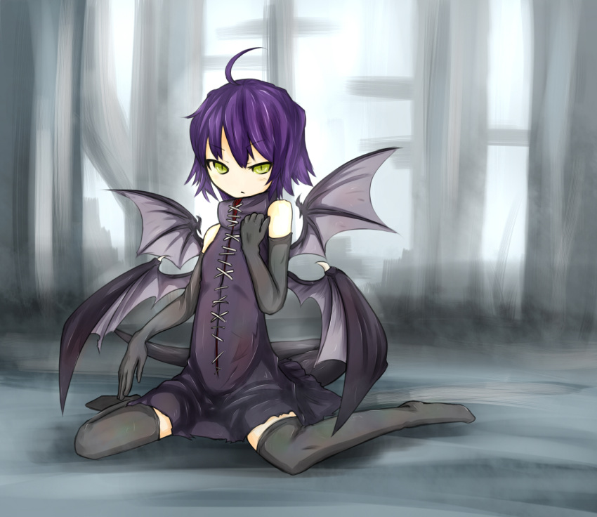 dark_souls, flat_chest, gaping_dragon, green_eyes, highres, purple_hair, ryota_tentei, sitting