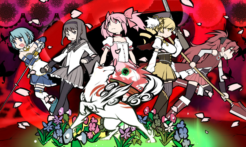 akemi_homura, amaterasu, argyle, argyle_legwear, arm_garter, beret, black_eyes, black_hair