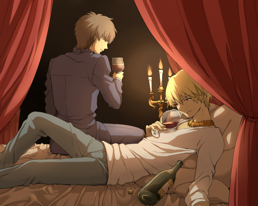 blonde_hair, bottle, bracelet, brown_eyes, brown_hair, candle, casual, cross